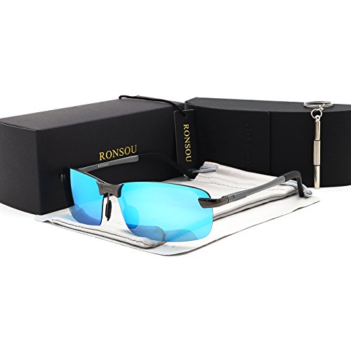 Ronsou Men UV400 Rimless Aluminium-Magnesium Polarized Sunglasses Mirrored For Driving Fishing Golf Outdoor gray frame/blue lens