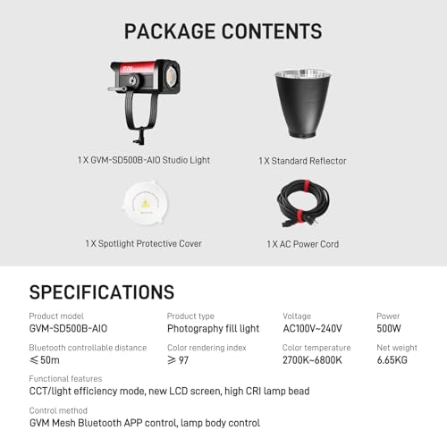 GVM 500W LED Video Light with Bluetooth App Control, 2700K-6800K CCT, 227040 lux@1m, Studio Photo Lighting with Bowen Mount, Continuous Light with Standard Cache, CRI 97+, COB SD500B