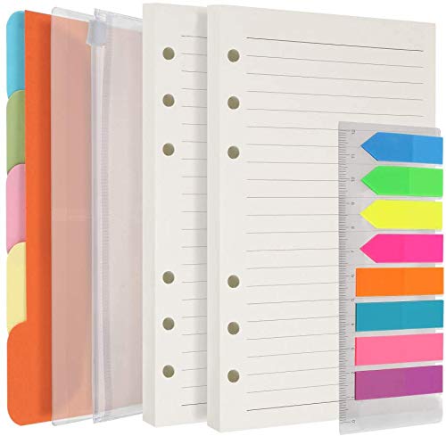 A5 Paper Refill 2 Pack 180 Lined Pages 5 Colored Binder Dividers 160 Sticky Neon Index Flags with Ruler 2 A5 Binder Pockets for 6 Ring Refillable A5 Binder Notebook Journal Planner