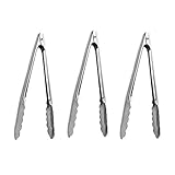 (Set Of 3) Stainless Steel Utility Tongs 7-Inch, Heavy Duty Small Kitchen Tongs With Scalloped Gripping Edge, Metal Tongs By Tezzorio, Professional Serving Utensils
