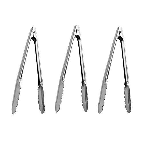(Set Of 3) Stainless Steel Utility Tongs 7-Inch, Heavy Duty Small Kitchen Tongs With Scalloped Gripping Edge, Metal Tongs By Tezzorio, Professional Serving Utensils
