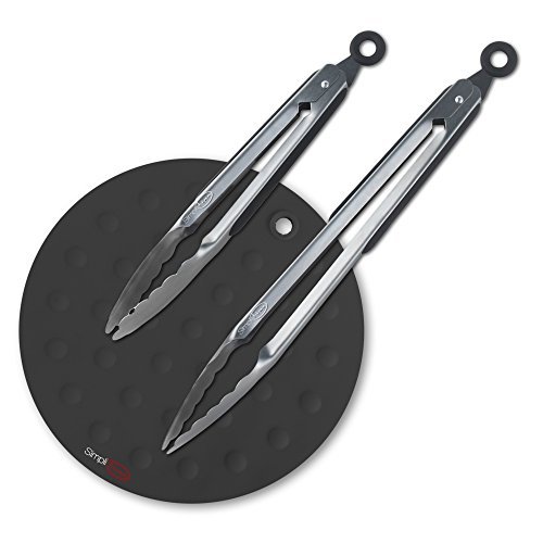 SimpliFine Supreme Tongs - 2 Stainless Steel Kitchen Tongs - Black