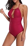 Eomenie One-Piece Swimwear, Women's Ruched Halter Backless Swimsuit Monokini (M/US:8-10, Wine Red)