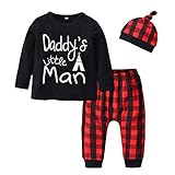 Baby Boys' 3 Pieces Clothes Daddy's Little Man Long Sleeve T-Shirt Plaid Pants with Hat Outfit Set