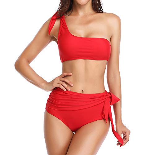 Advoult High Waist Bikini Sets for Women Two Piece Fashion Swimsuit One Shoulder Bathing Suits Swimwear Red