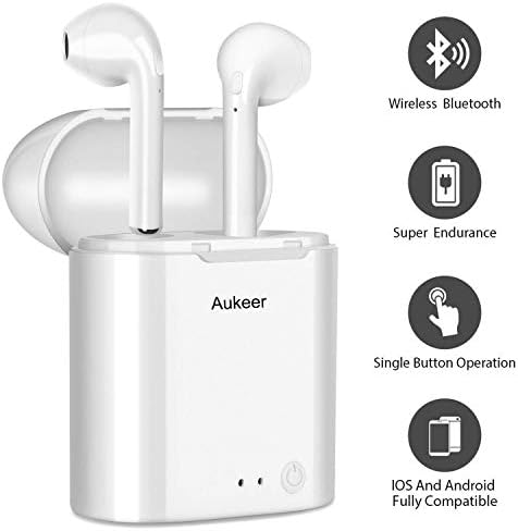 Aukeer Wireless Earbuds, True Wireless Bluetooth Headphones Mini Sweatproof Sport Headsets in-Ear Noise Cancelling with Built-in Mic and Charging Case for iPhone iPad Android Smartphone(White)