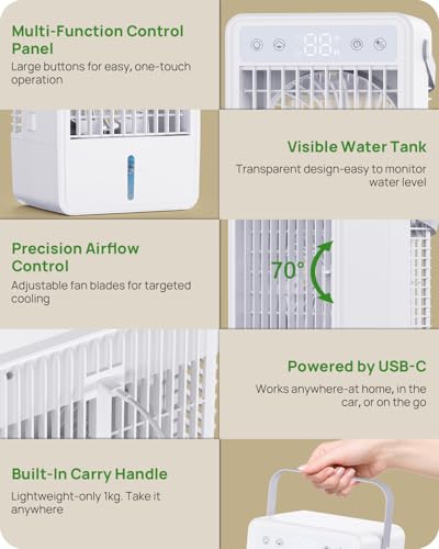Portable Air Conditioner 1500ML, Evaporative Air Cooler with 2 Spray Modes & 4μm Fine Mist, Remote Control, Quiet Air Conditioner 5 Wind Speeds, Auto-off Timer, 7 LED Lights for Bedroom Office Travel