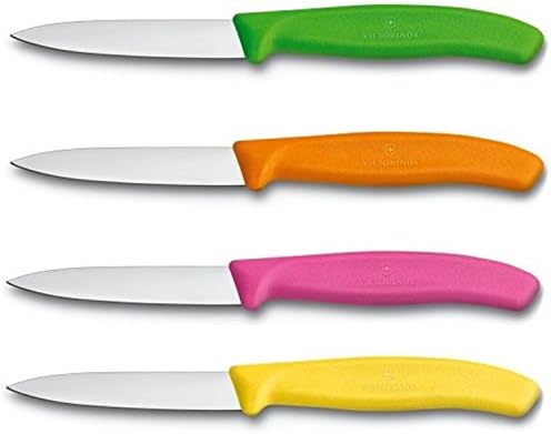 Victorinox Swiss Stainless Steel Paring Knife 3.25 Inch Straight Edge, Spear Point (Set of 4) Green, Orange, Pink and Yellow