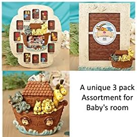 Set of Two Noah’s Ark Themed Picture Frames and Matching Bank for Your Baby Nursery - First Year Collage Frame - 3x2 Large Oval, 12 2x1.5 Ovals - Baby Ark Frame 4x6 and Baby’s First Bank