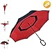 Inverted Umbrellas Reverse Folding Umbrella AIGUMI C-Shaped handle Golf Umbrella Car Umbrella Waterproof Reverse Folding Double Layer Inverted Self Standing Umbrella(Red)