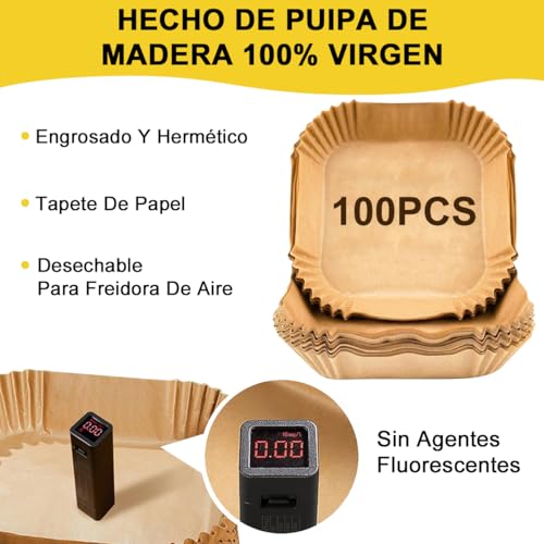 Papel para Freidora de Aire 100Pzs, Cuadrado Desechable Revestimiento de Papel Encerado de Horno, Antiadherente Resistente al Aceite, Accesorios de Freidora para Sartén Horno Microonda Vapor, 16*4.5cm