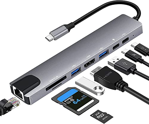 USB C Hub Ethernet Adapter, 8 in 1 USB-C Adapter with HDMI 4K 30Hz, LAN RJ45, 100W PD, SD/Micro SD, USB 3.0/2.0 for MacBook Pro/Air M1, iPad Pro/Air, Surface Pro 8 Docking Station