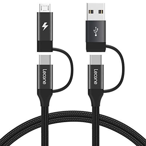 USB C Charging Cable, Lecone Micro USB Data Transfer 4 in 1 Multi Cable 1m/ 3.3FT Nylon Braided Cord Charger Adapter with USB C x2/Micro USB/USB Ports for Android and Type C Devices [Black]