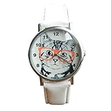 Wensltd Unisex Scholar Cat Pattern Leather Band Analog Quartz Dial Wrist Watch (B)