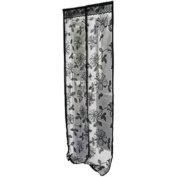 Home-X Black Floral Design Magnetic Screen Door Full Frame with Heavy Duty Mesh Curtain Fits Door Up to 34x82 Inch Bugs Out Screen Door Insect Out