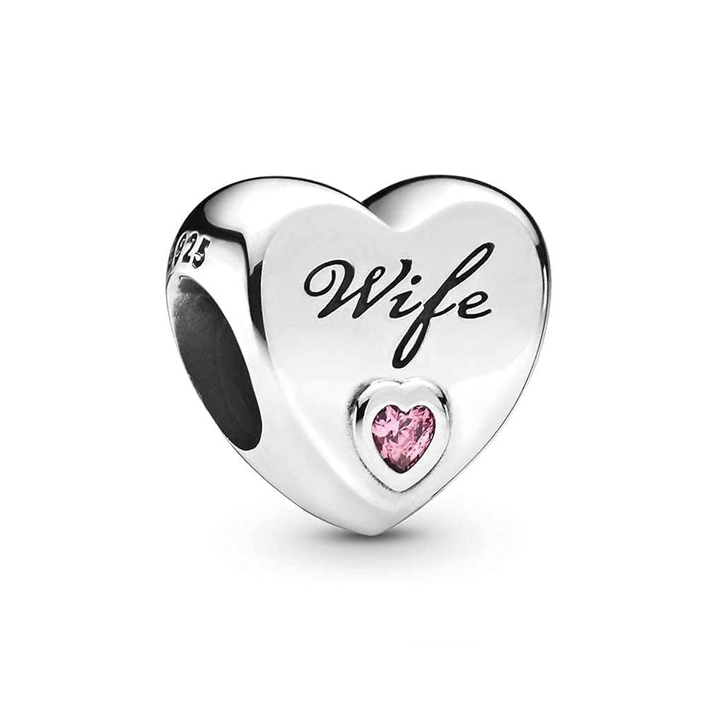 FGT Wife Pink Love Heart Sterling Silver Charm fits Pandora Charms Bracelets Birthday Bead Gift for Women Anniversary Cursive Writing