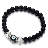 Mens Women Mat Black Bead Bracelet with Murano-style Glass Evil Eye Bead, Protection Prayer Mala