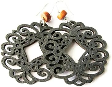Large Lightweight Black Wooden Circle Filigree and Brown Bayong Bead Modern Boho Earrings for Women
