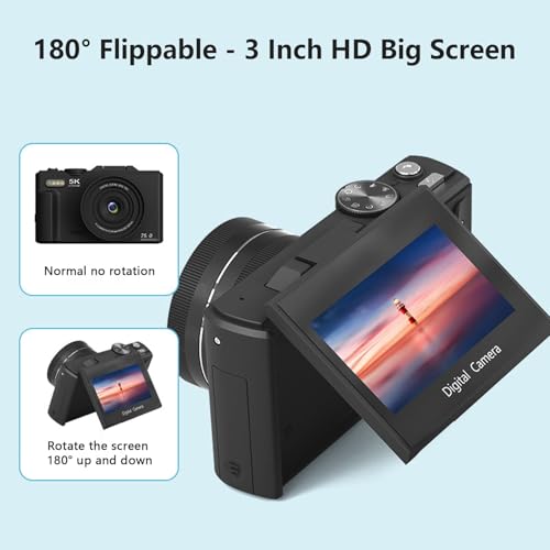 5K Digital Camera, WiFi 75MP Digital Point and Shoot Camera with 18X Zoom Anti Shake, 3" 180°Flip Screen Compact Travel Camera with Flash for Adult Beginner (2 Batteries+ 32GB SD Card) (Black)