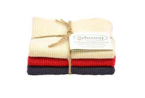 Solwang Dish Wash Cloth/Wiping Cloth Cotton Towels Knitted Red and Grey, Set of 3 Cream Stainless Steel