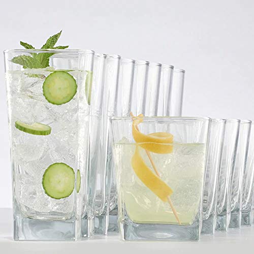 Elegant Drinking Glasses Set of 8, Glassware Set Includes 4 Highball Glasses, 4 Rocks Glasses Heavy Base Glass Cups for Water, Juice, Beer, Wine, and Cocktails