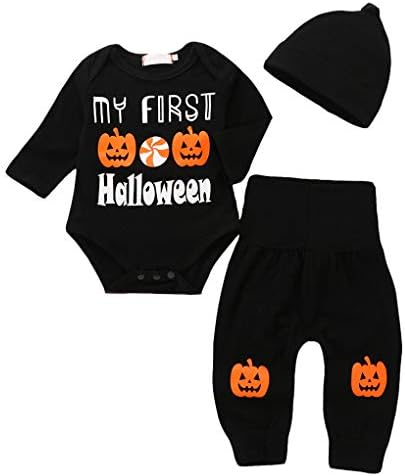 Newborn Baby 3Pcs My First Halloween Pumpkin Costume Set Romper Pant with Hat