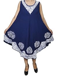 Melody Womens Sundress Blue Batik Print Embroidered Sleeveless Loose Fit A-line Tank Dress