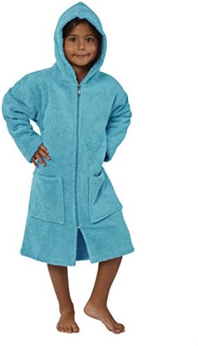 TurkishTowels Parador Hooded Terry Beach Bathrobe with Zipper, 100% Cotton, Made in Turkey (Ages 3-6 S/M, Aqua)