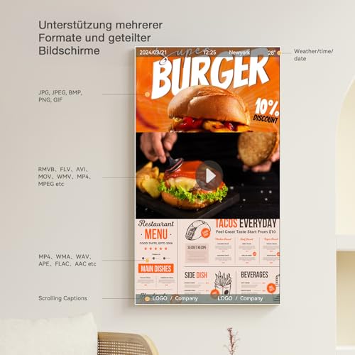 Digital Signage Display 23.6 Inch Wall-Mounted Advertising Screen, 2K FHD Digital Menu Board, 700 Nits Ultra High Brightness Advertising Display Digital Ideal for Business & Restaurant, HDMI/WLAN, Black