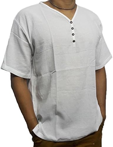 deedeeshopWhite Men's Shirt V-Neck Thai Cotton Casual Summer Hippie Beach Yoga PJ (XL)