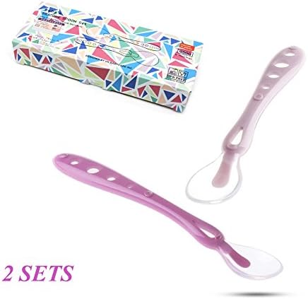 Baby Silicone Spoons BPA Free Spoons Lip-Friendly and Easy to Storage Baby Travel Feeding spoons-Great Infant Gift （2 piece set） (purple)