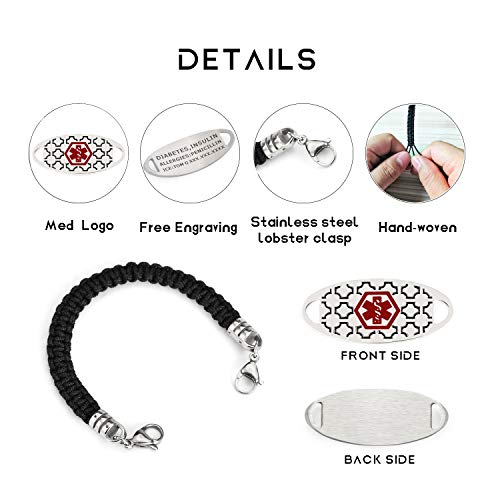 BBX JEWELRY Medical ID Alert Bracelets Black Silhouette Stainless Steel Med ID Tag for Women Men Free Engraving