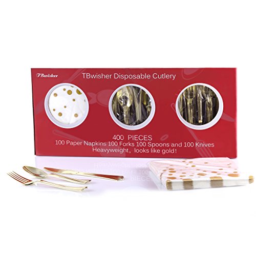 TBwisher 400 Pieces Gold Disposable Flatware - Heavyweight Plastic Cutlery Party Supplies - Disposable Plastic Silverware Set - Includes 100 Paper Napkins, 100 Forks, 100 Spoons, 100 Knives