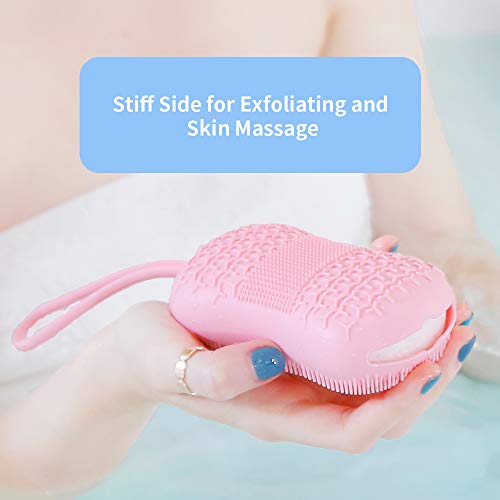 Hatsutec Silicone Shower Body Scrubber Bath Brush with Natural Sponge, Double-Sided for Dry and Wet Brushing, Gentle Exfoliation and Deep Cleanse for Smooth Soft Skin, Lathers Well (Pink)