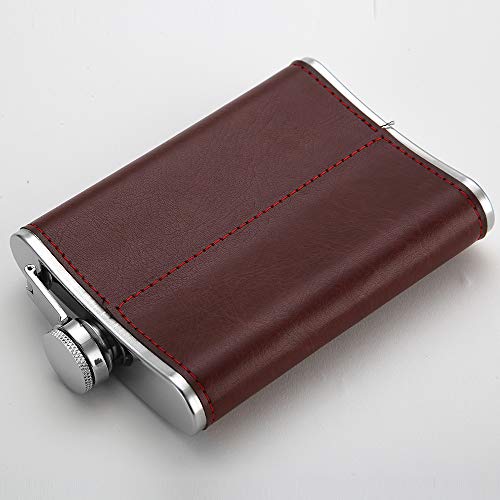 YFS Whiskey Flask With American Flag for Liquor and Funnel, 8 Oz Leak Proof Stainless Steel Pocket Hip Flask with Soft Touch Leather Cover, Brown Flask for Men