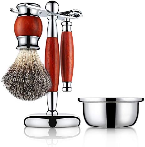 Grooming Wet Shaving Set Including 100% Pure Badger Hair Brush, Manual Double-sided Razor, Stainess Steel & Rosewood Stand Holder, Zinc Alloy Bowl