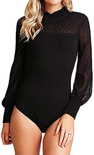 Jennyarn Women's Mock Neck Long Sleeve Sheer Mesh Leotard Bodysuit Jumpsuit