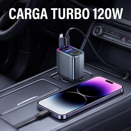 Carregador Veicular Premium Retrátil 4 em 1 | Carregamento Turbo 120W com Cabos Integrados | USB e USB-C | Tela LED Digital | Compatível com Android e iPhone | 12V/24V