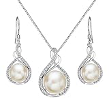 EleQueen 925 Sterling Silver CZ Cream Freshwater Cultured Pearl Infinity Bridal Necklace Hook Earrings Set Clear