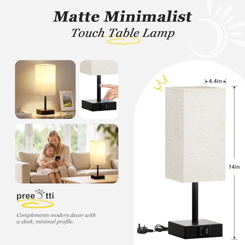 PreeOtti Touch Bedside Lamps, Bedside Table Lamp with USB A+C Charging Ports, Touch Lamps Bedside for Bedroom/Living Room/Study Room/Office, 3-Way Dimmable Reading Light (LED Bulb Included)