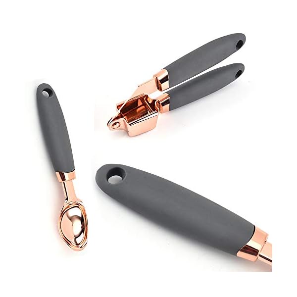 7 Pc Kitchen Tools and Gadgets Copper Coated Stainless Steel, Peeler, Stainless Steel Can Opener, Ice Cream Spoon, Pizza Cutter, Melon Paner, with Soft Touch Grey Handles
