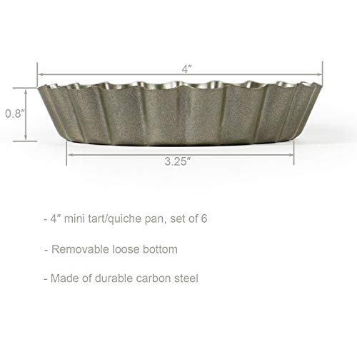 6 Pack(4 Inch) Round Mini Tart and Quiche Pan with Removable Loose Bottom, Non-stick Tin for Pie (Champagne Color)