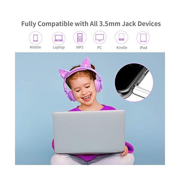 Kids-Headphones-with-Cat-EarLobkin-Wired-Headphones-Over-Ear-for-ChildrenFoldable-Headphone-with-Glowing-Light-for-Kindle-Fire-Samsung-iPad-Tablets-purple LOBKIN Kids Headphones, Cat Ear LED Light Up Wired Headphones Over Ear with 85dB Volume Limited Hearing Protection,Cute…
