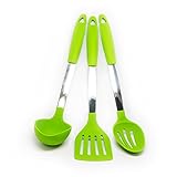 Quicklids QL-US-A-GR Silicone And Stainless Steel Kitchen Utensils (Set Of 3), Turner/Slotted Spoon/Ladle, Green