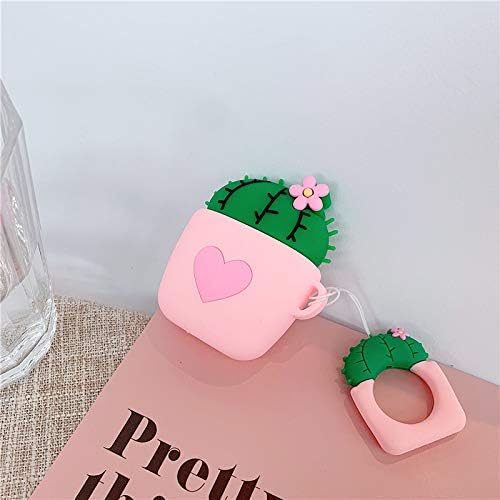 JCMY AirPods Case Cover, Casual AirPods Accessories Series, Cute Kawaii Cartoon Potted Cactus Design, Shock & Scratch-Resistant Silicone Protective Cover Skin with Ring Buckle for Girls Teens Women