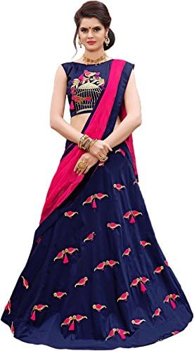 PALKAANO Women's Taffeta Silk Lehenga Choli (Navy Blue, Free Size)