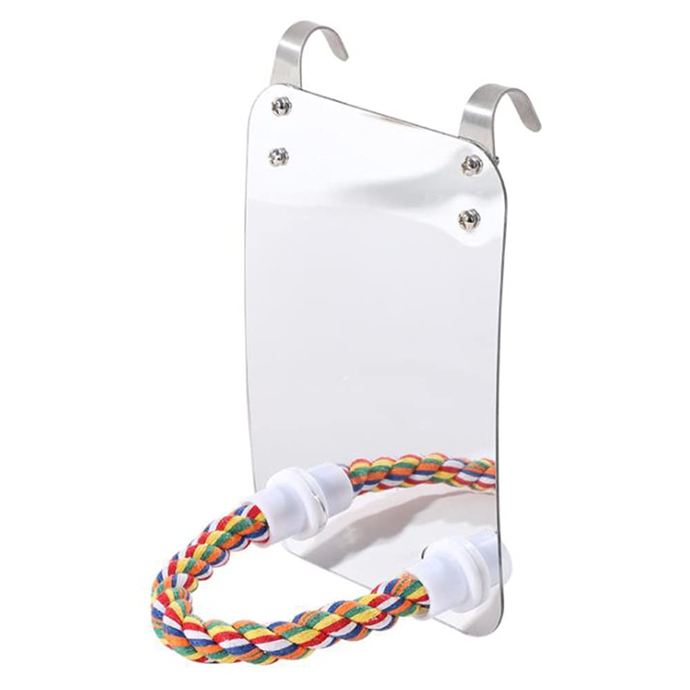 NA Bird Mirror Birdcage Perches Mirror Birdcage Stand Perch Parrot Bite Toy with Rope for Parakeet, Cockatoo, Cockatiel and More, white