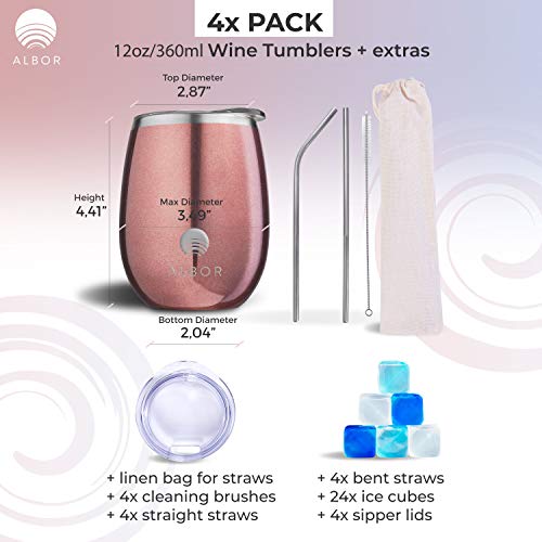 Albor Triple Insulated Wine Tumblers with Lids and Straws Rose Gold Wine Tumbler Set (12 Oz, 4 Pack)