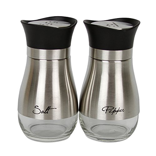 Evelyne GMT-10406 Stainless Steel Glass Bottom Casing Salt and Pepper Shakers Set with Tray and Letter Initial