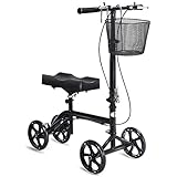 Goplus Steerable Knee Walker Foldable Knee Scooter for Broken Leg, Foot Injuries - Height Adjustable Design - with Orthopedic Seat Pad, Deluxe Brake System and Basket - Crutch Alternative Knee Wheeler